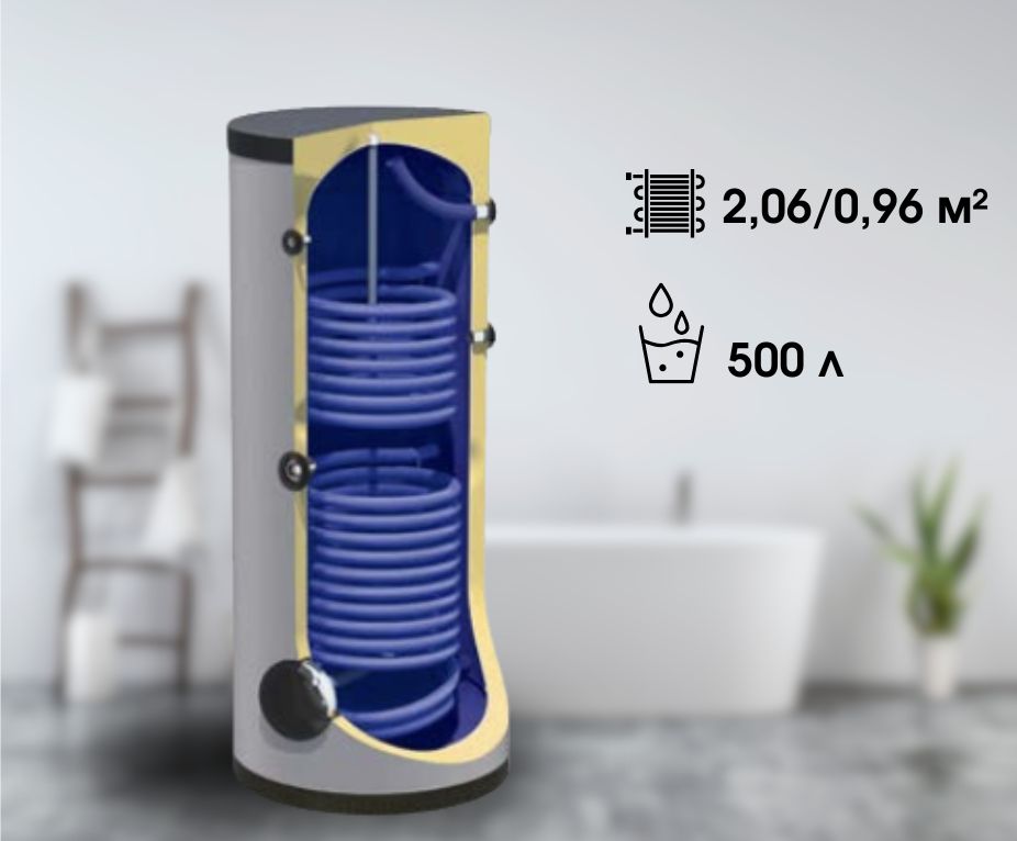 Бойлер Teplobak ВТЕ-2, бак для гарячого водопостачання на 500 л (площа теплообмінників 2,06+0,96 м²)