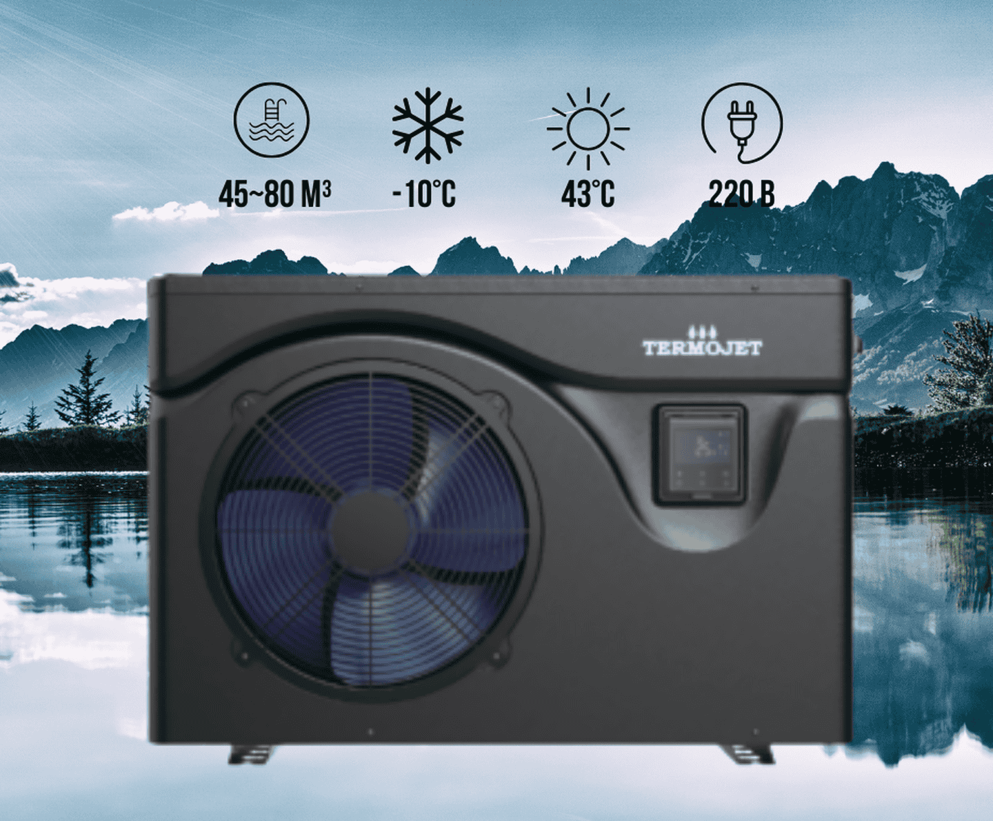 Тепловий насос для басейну Termojet DOLPHIN 210SPR4INVM (21 кВт), 220 В, об’єм басейну до 45~80 м³, -10°С/+43°С, інверторний